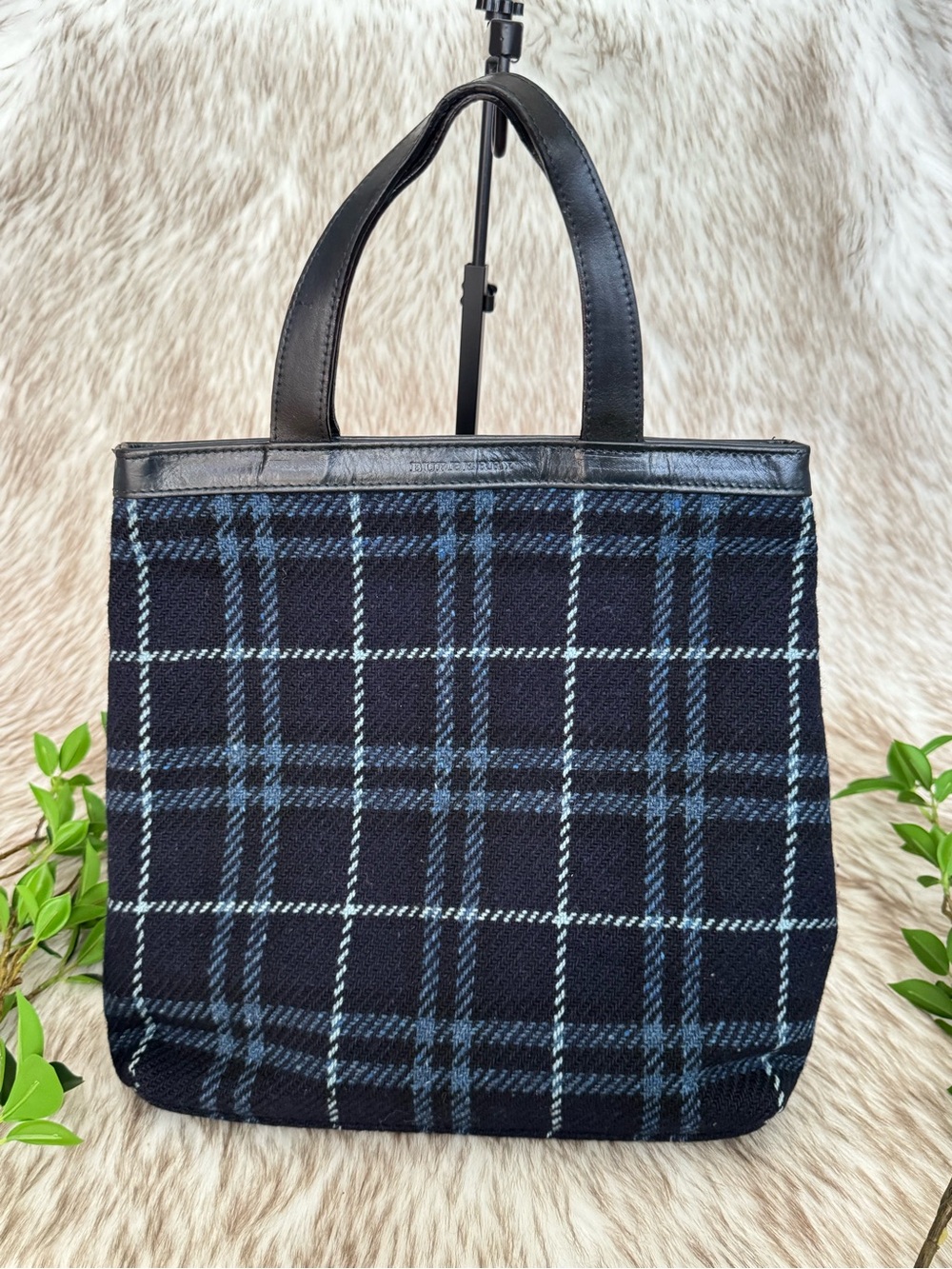 Vintage Burberry London Blue Plaid Wool Tote Bag with Leather Handles